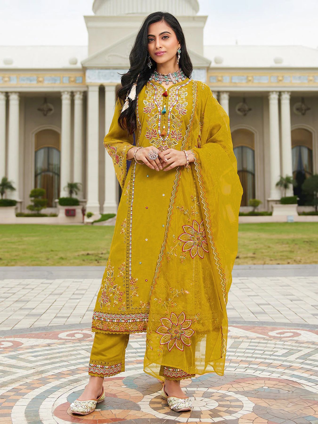 Yellow Embroidered Cotton Salwar Suit