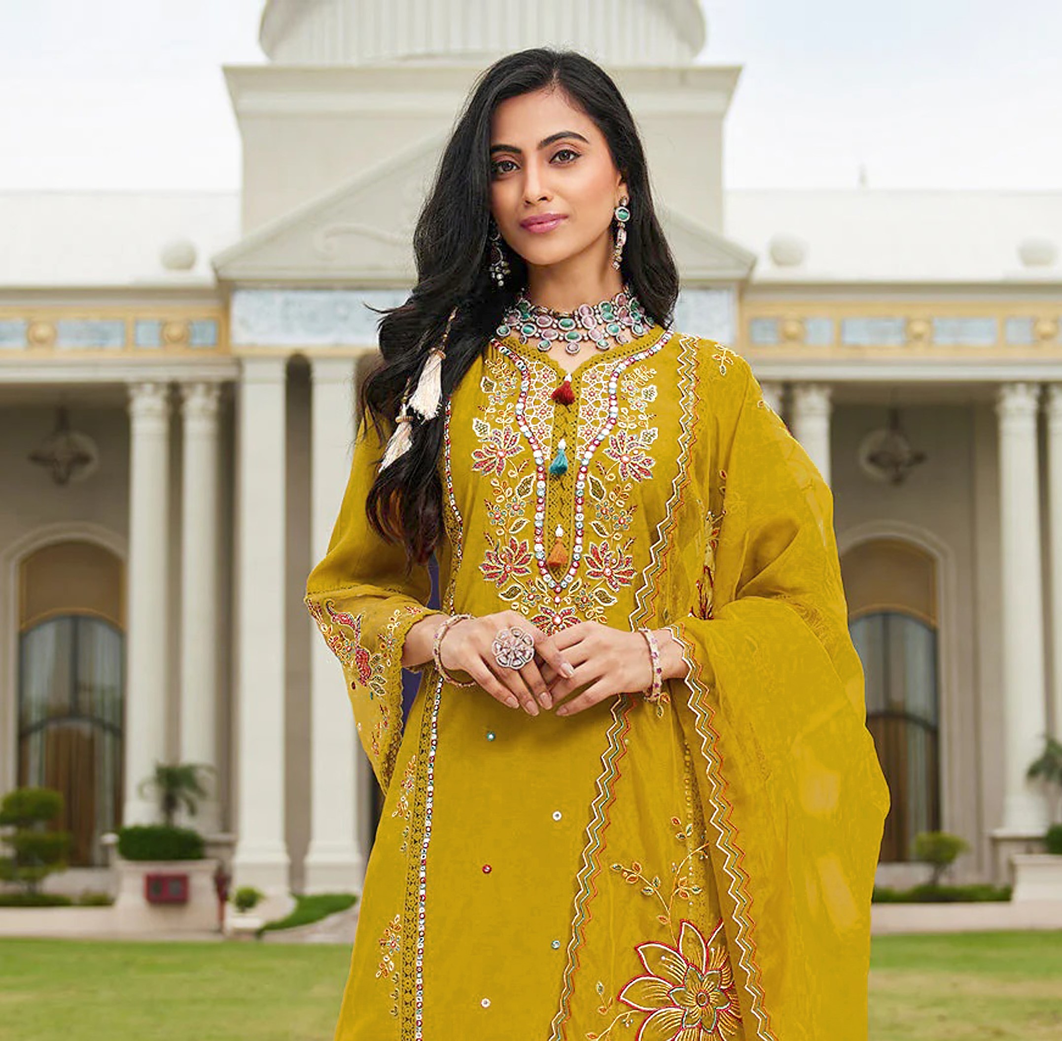Yellow Embroidered Cotton Salwar Suit — alternate view