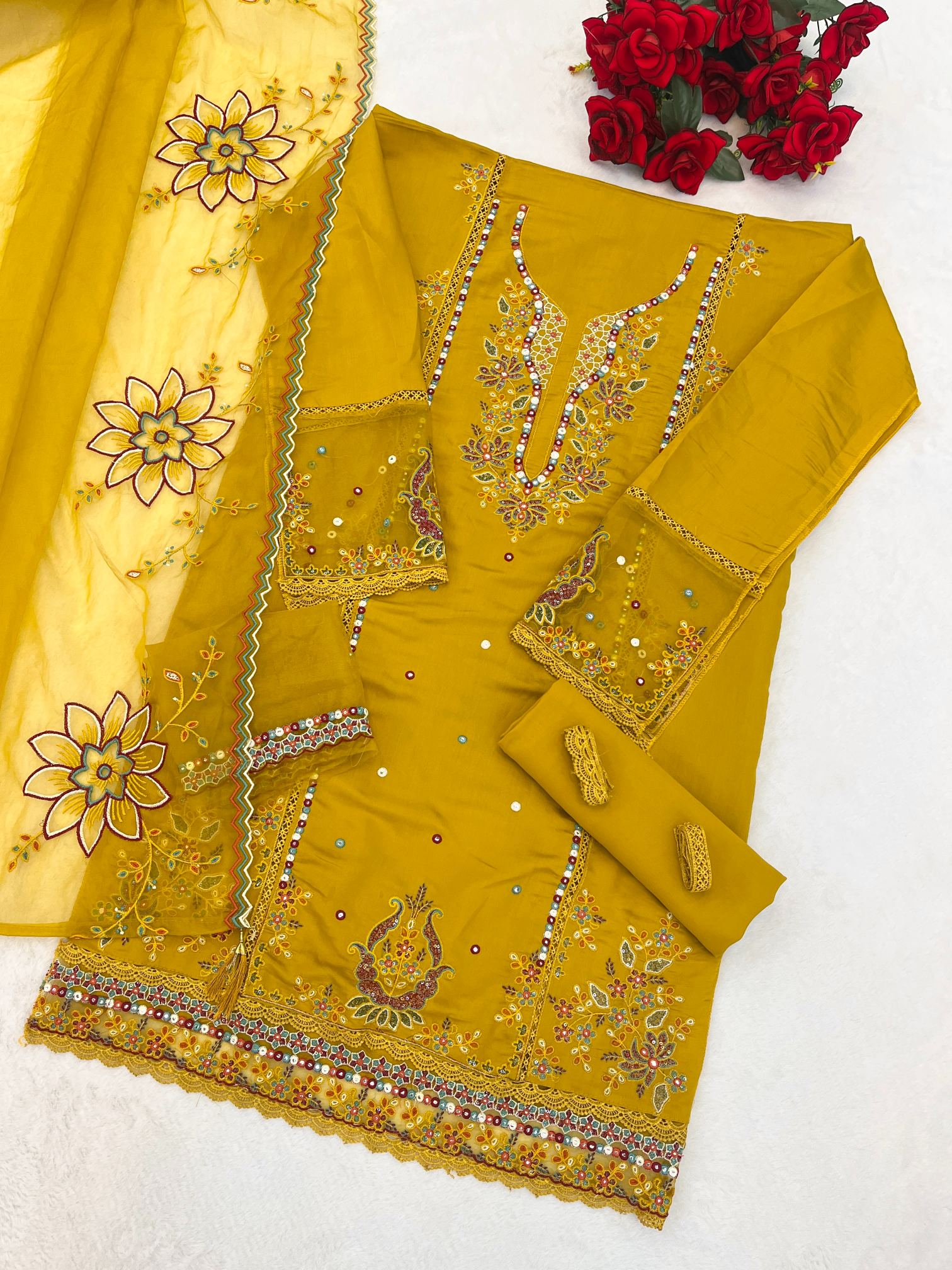 Yellow Embroidered Cotton Salwar Suit