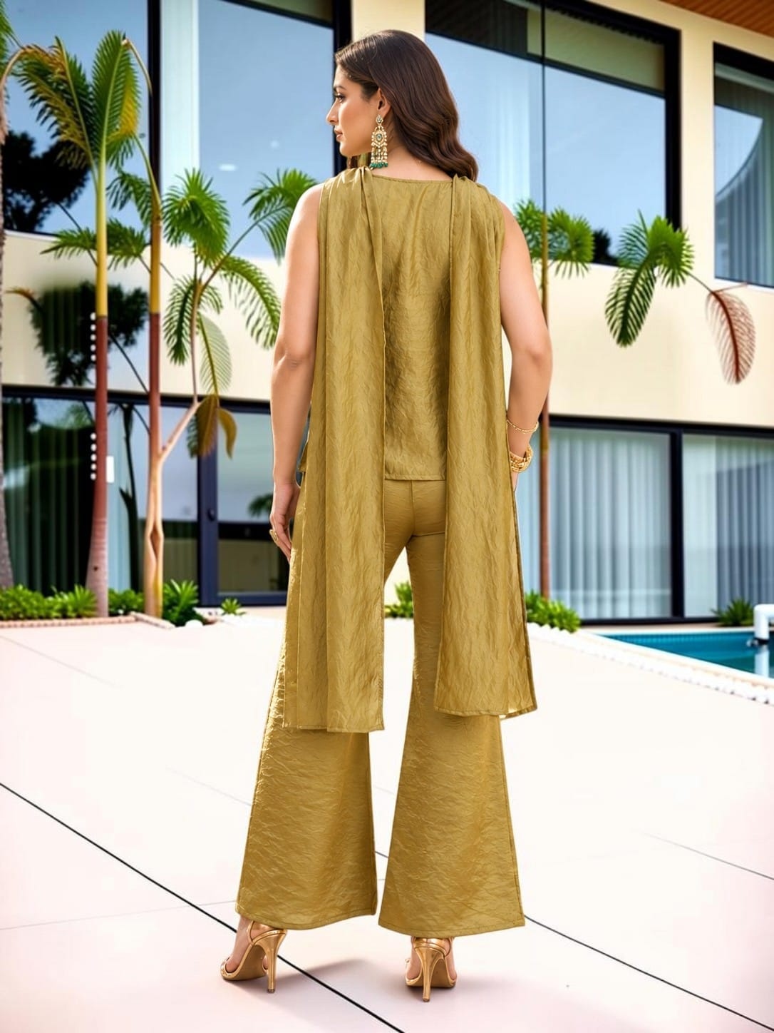 Yellow Embroidered Fendy Satin Palazzo Suit — alternate view