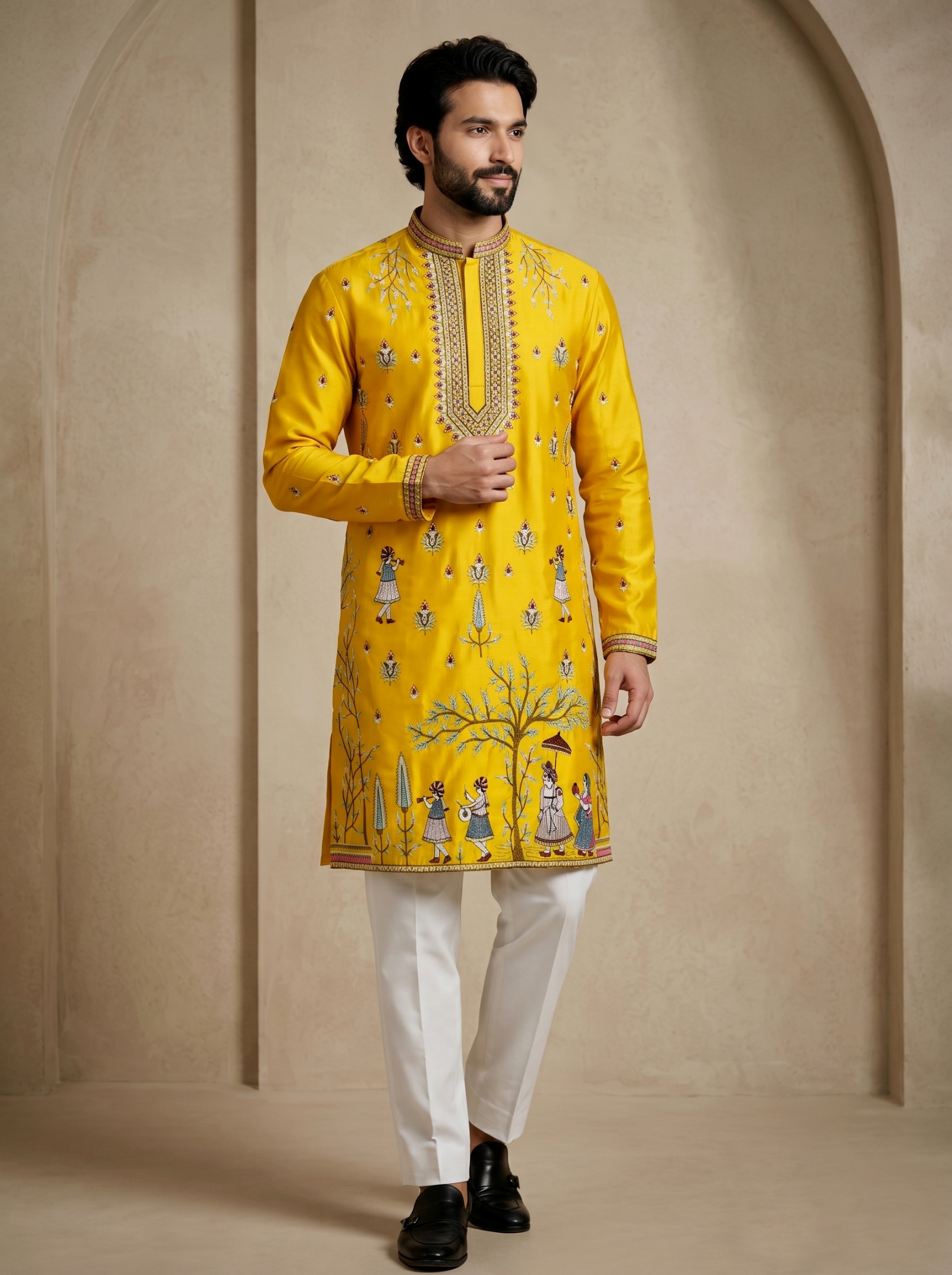 Yellow Embroidered Greek Satin Kurta Trouser