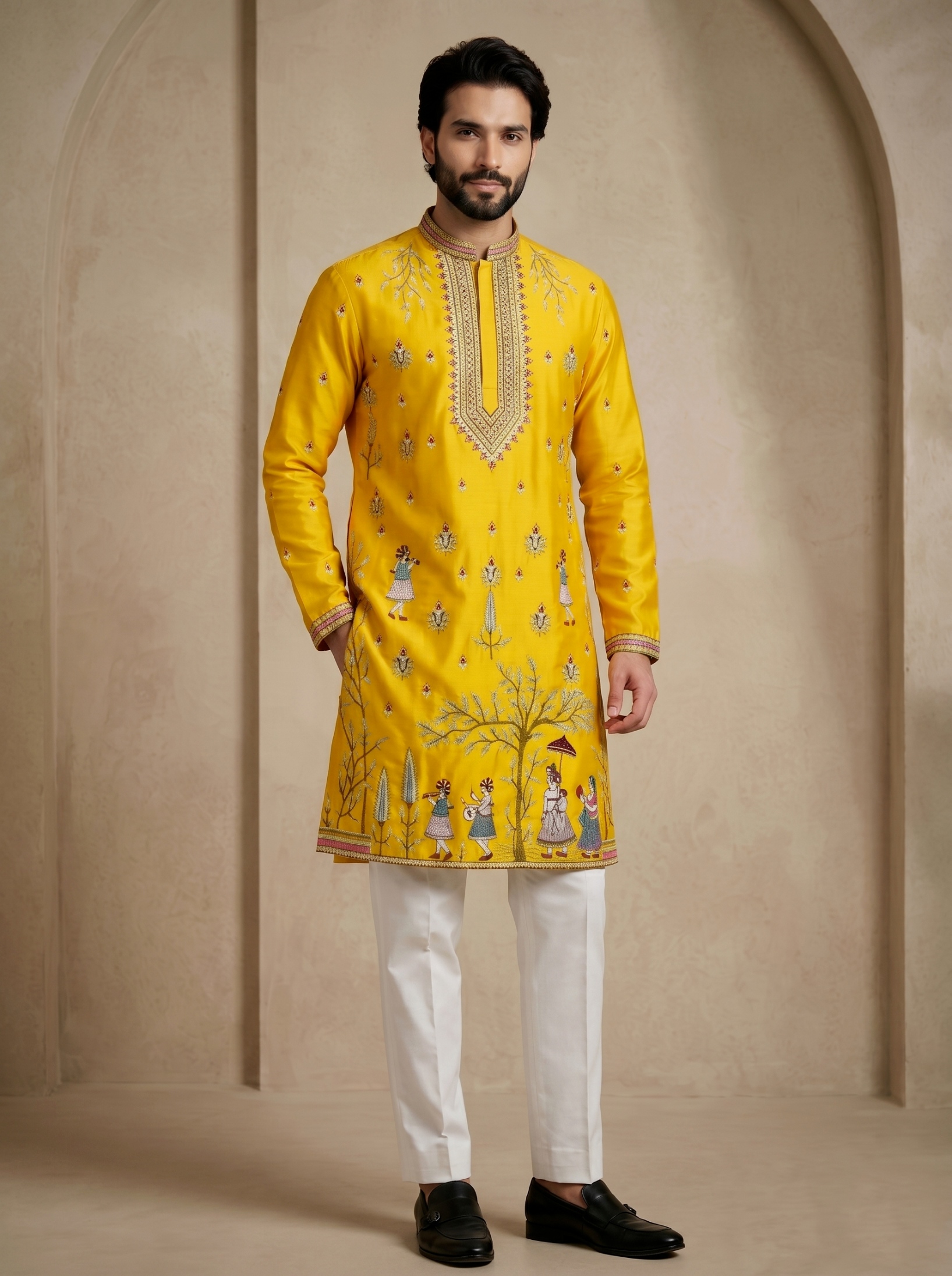 Yellow Embroidered Greek Satin Kurta Trouser