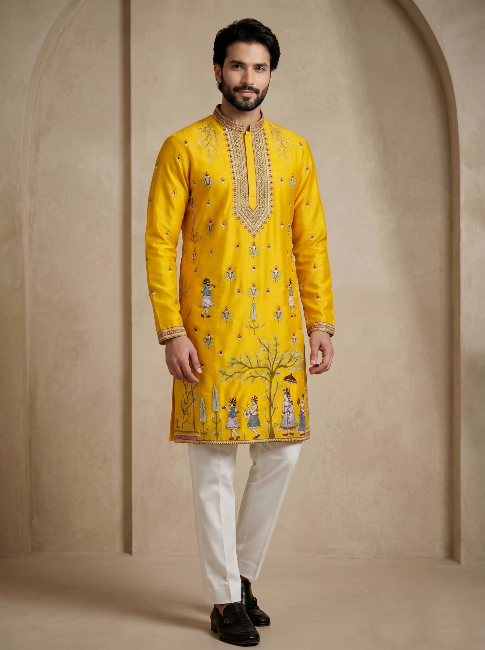 Yellow Embroidered Greek Satin Kurta Trouser