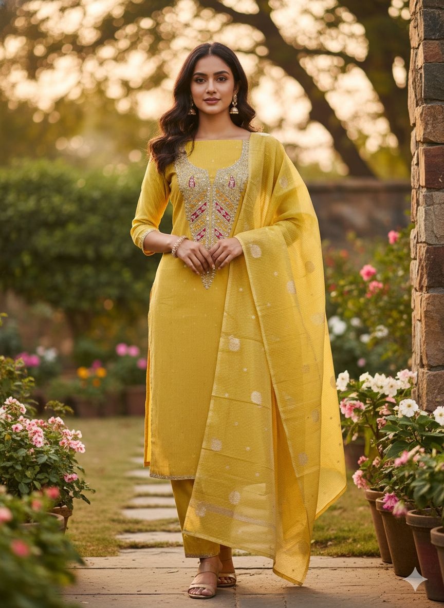 Yellow Embroidered Jacquard Salwar Suit