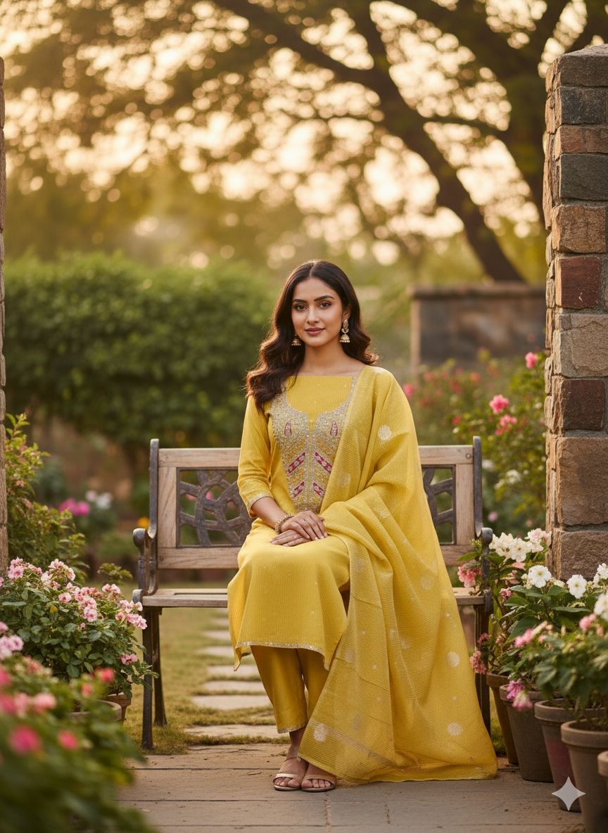 Yellow Embroidered Jacquard Salwar Suit — alternate view