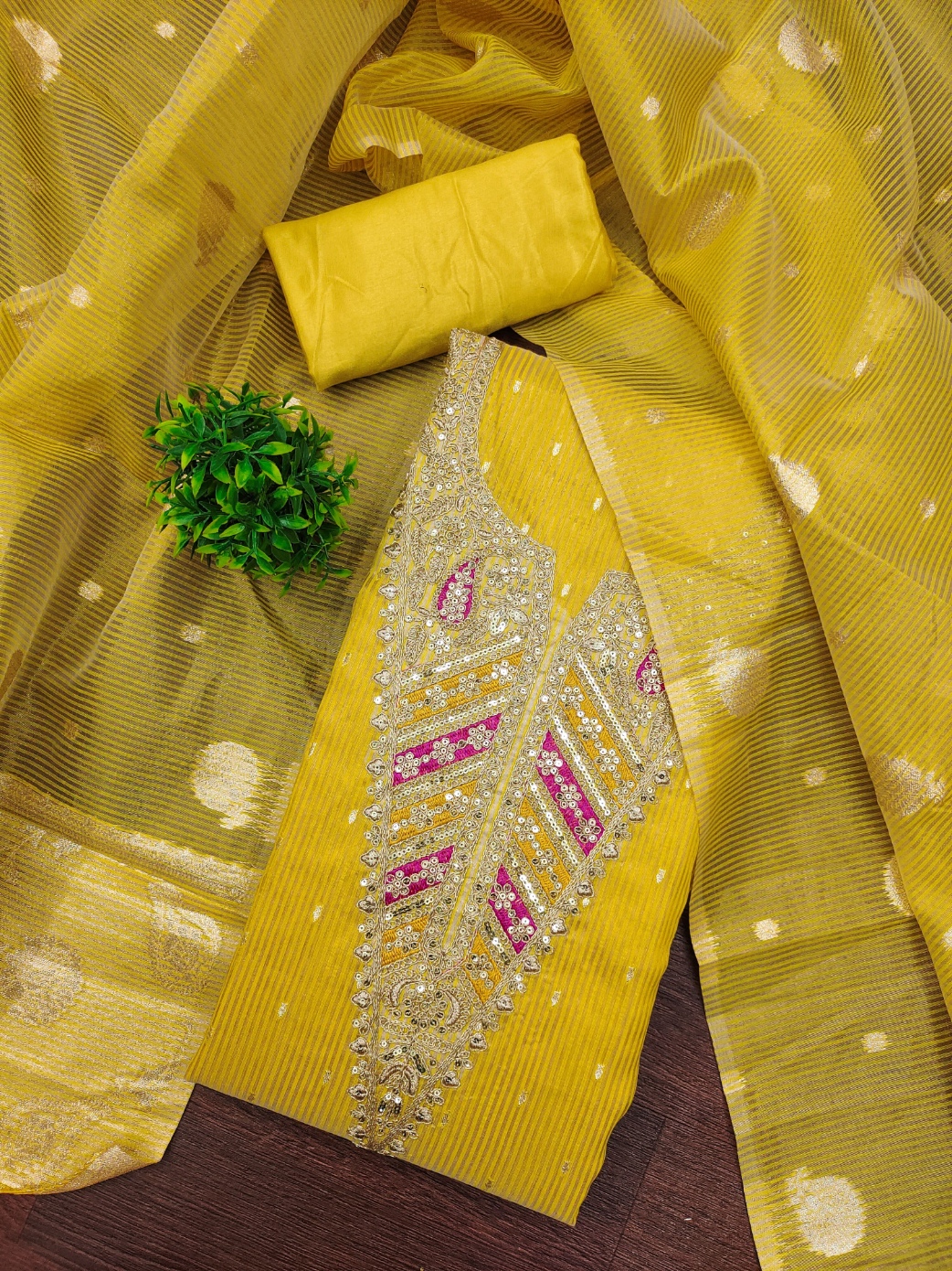 Yellow Embroidered Jacquard Salwar Suit