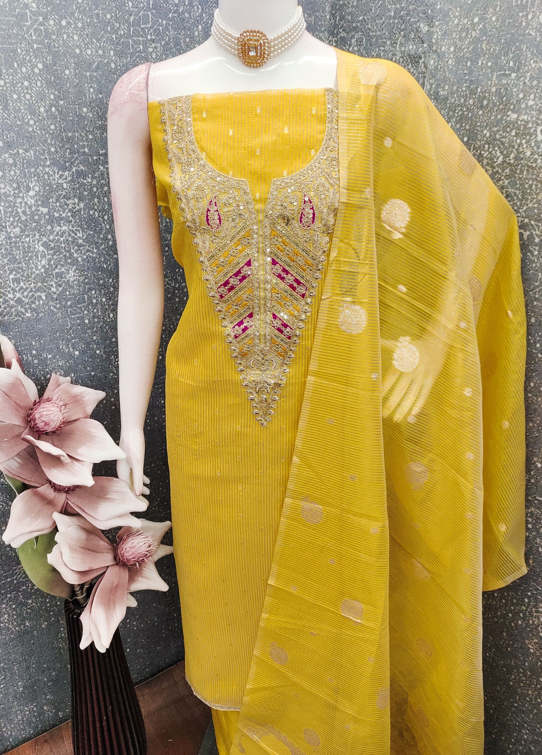 Yellow Embroidered Jacquard Salwar Suit