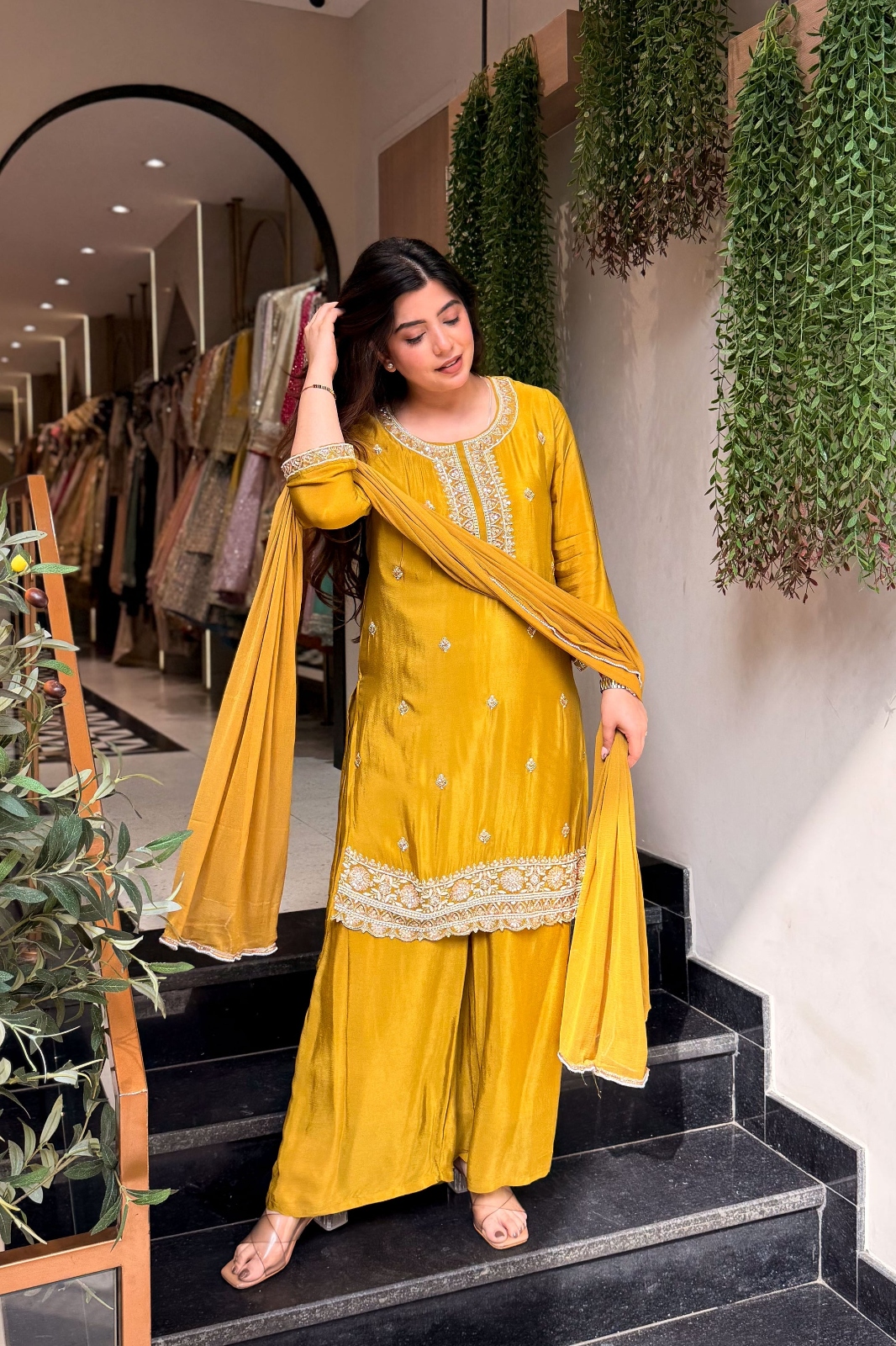 Yellow Embroidered Kajo Silk Palazzo Suit
