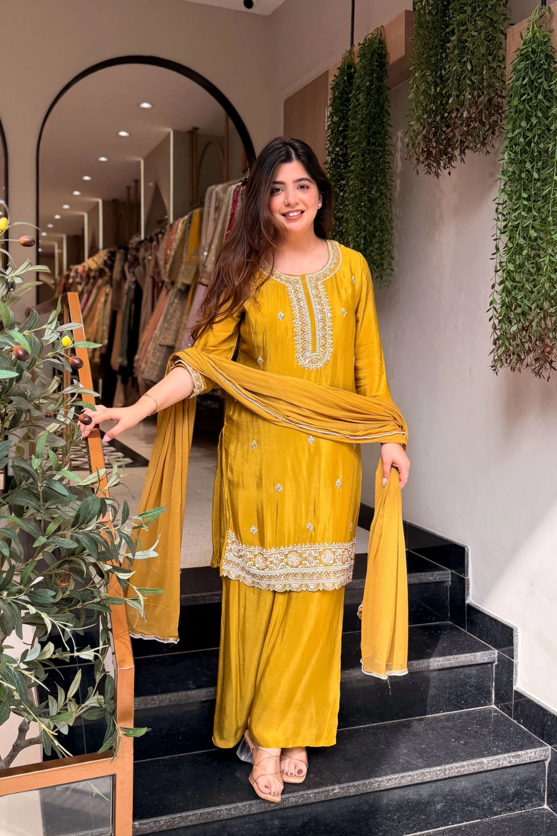 Yellow Embroidered Kajo Silk Palazzo Suit — alternate view