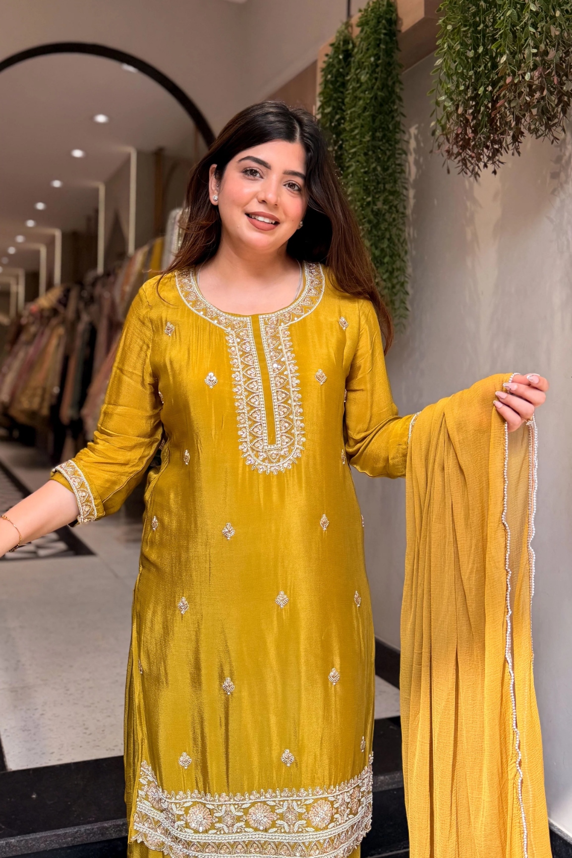 Yellow Embroidered Kajo Silk Palazzo Suit
