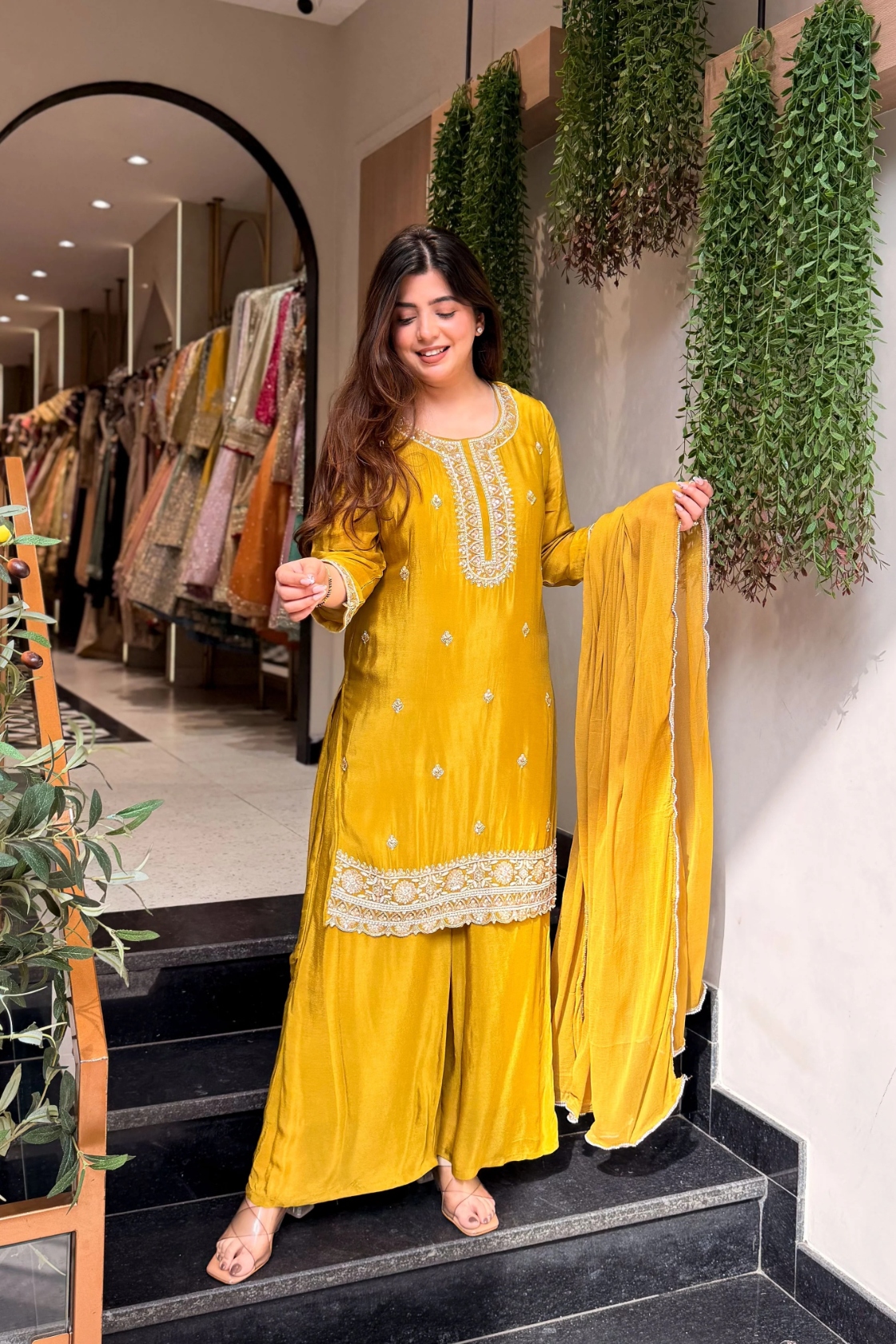 Yellow Embroidered Kajo Silk Palazzo Suit