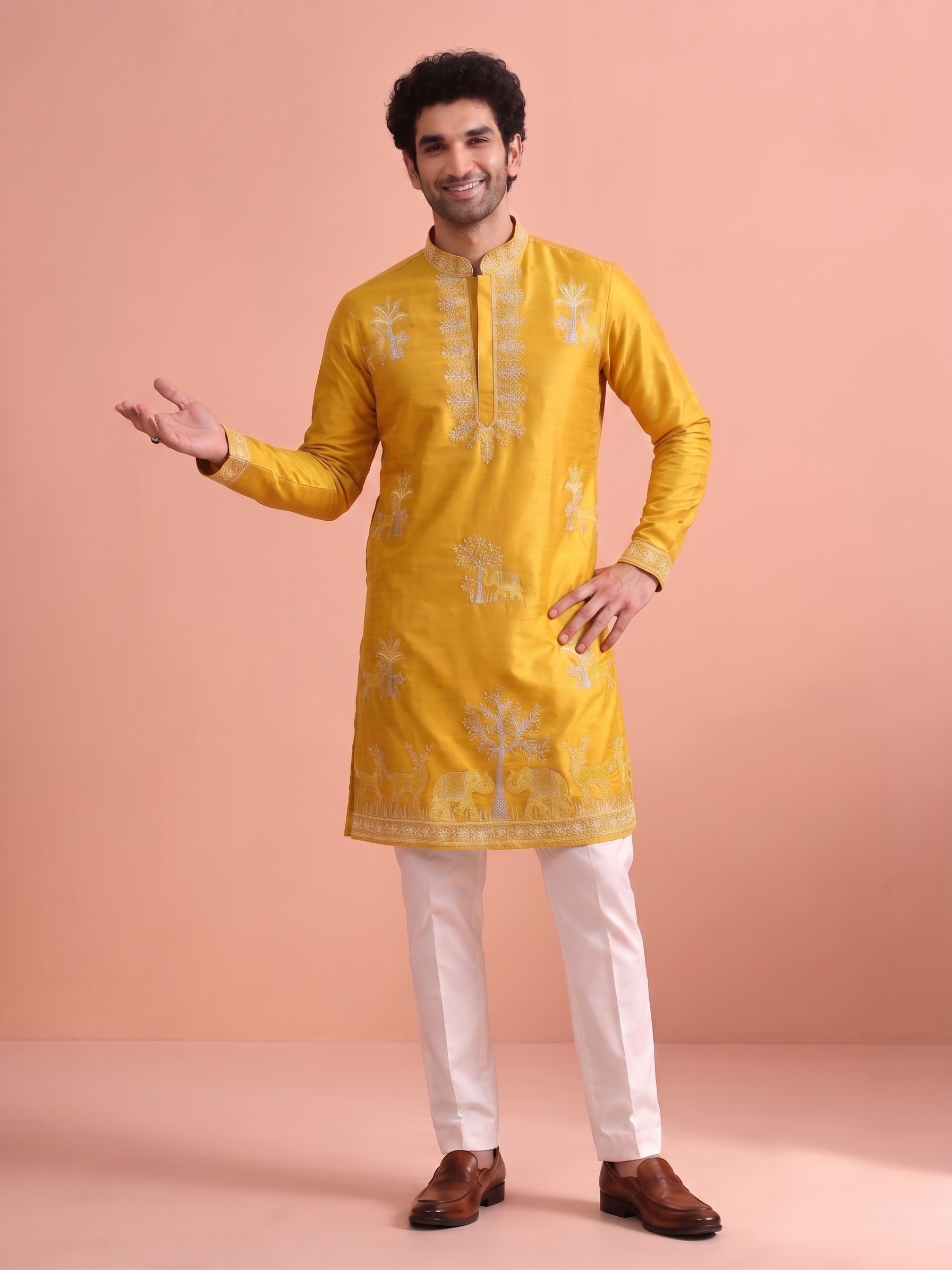Yellow Embroidered Nio Satin Kurta Trouser Set