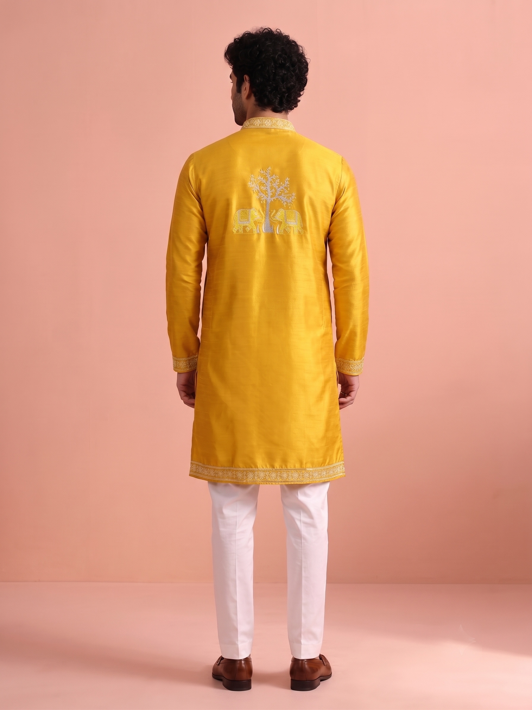 Yellow Embroidered Nio Satin Kurta Trouser Set — alternate view