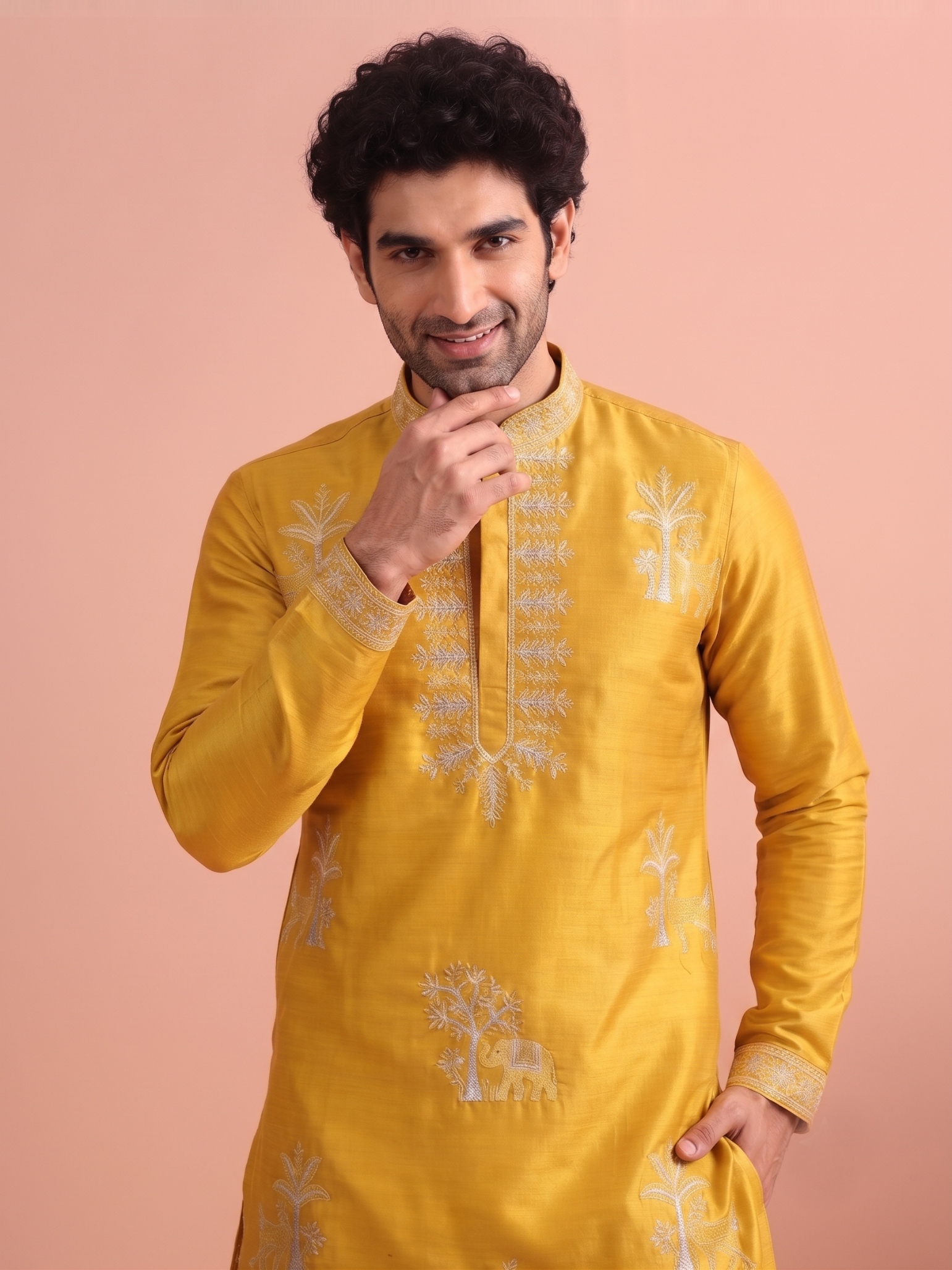 Yellow Embroidered Nio Satin Kurta Trouser Set