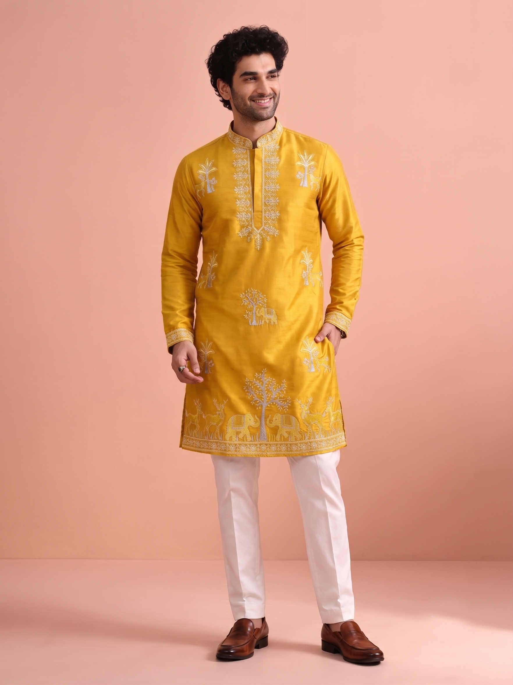 Yellow Embroidered Nio Satin Kurta Trouser Set
