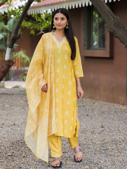 Yellow Embroidered Rayon Readymade Suit