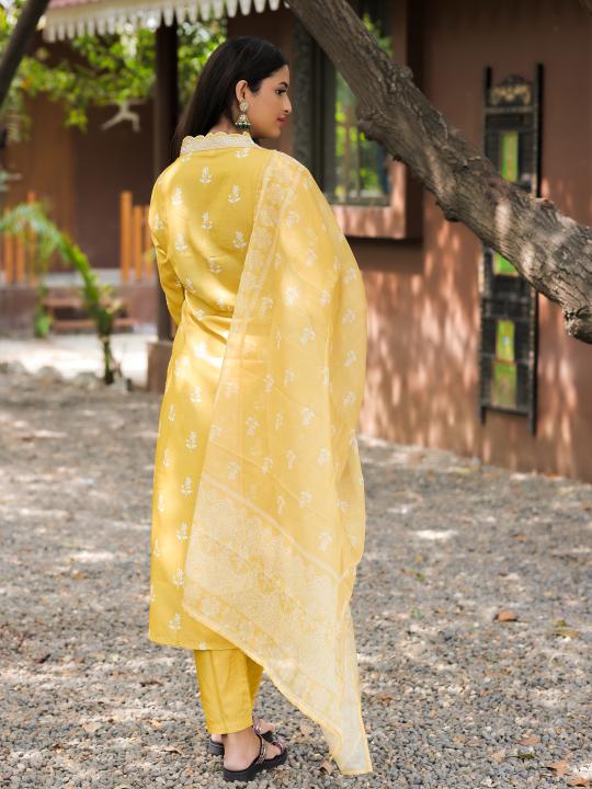 Yellow Embroidered Rayon Readymade Suit — alternate view