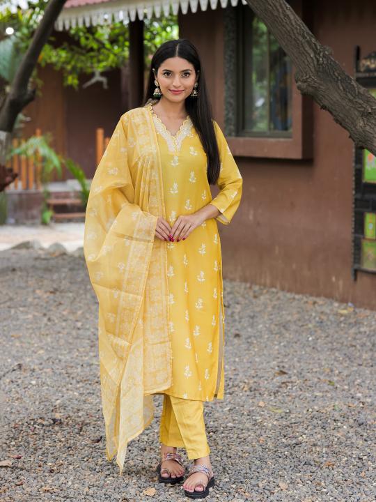 Yellow Embroidered Rayon Readymade Suit