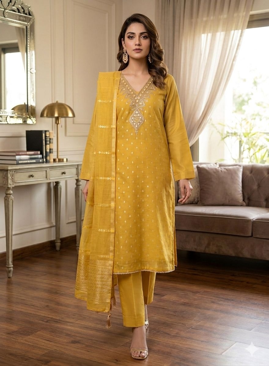 Yellow Embroidered Shimmer Salwar Suit