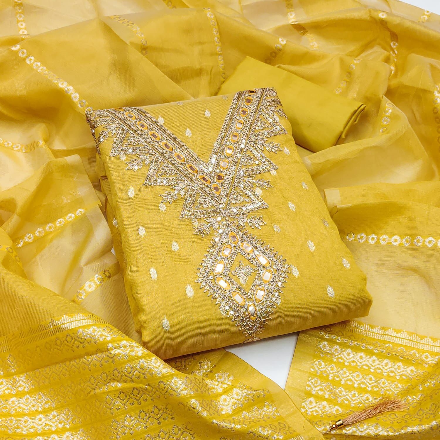 Yellow Embroidered Shimmer Salwar Suit