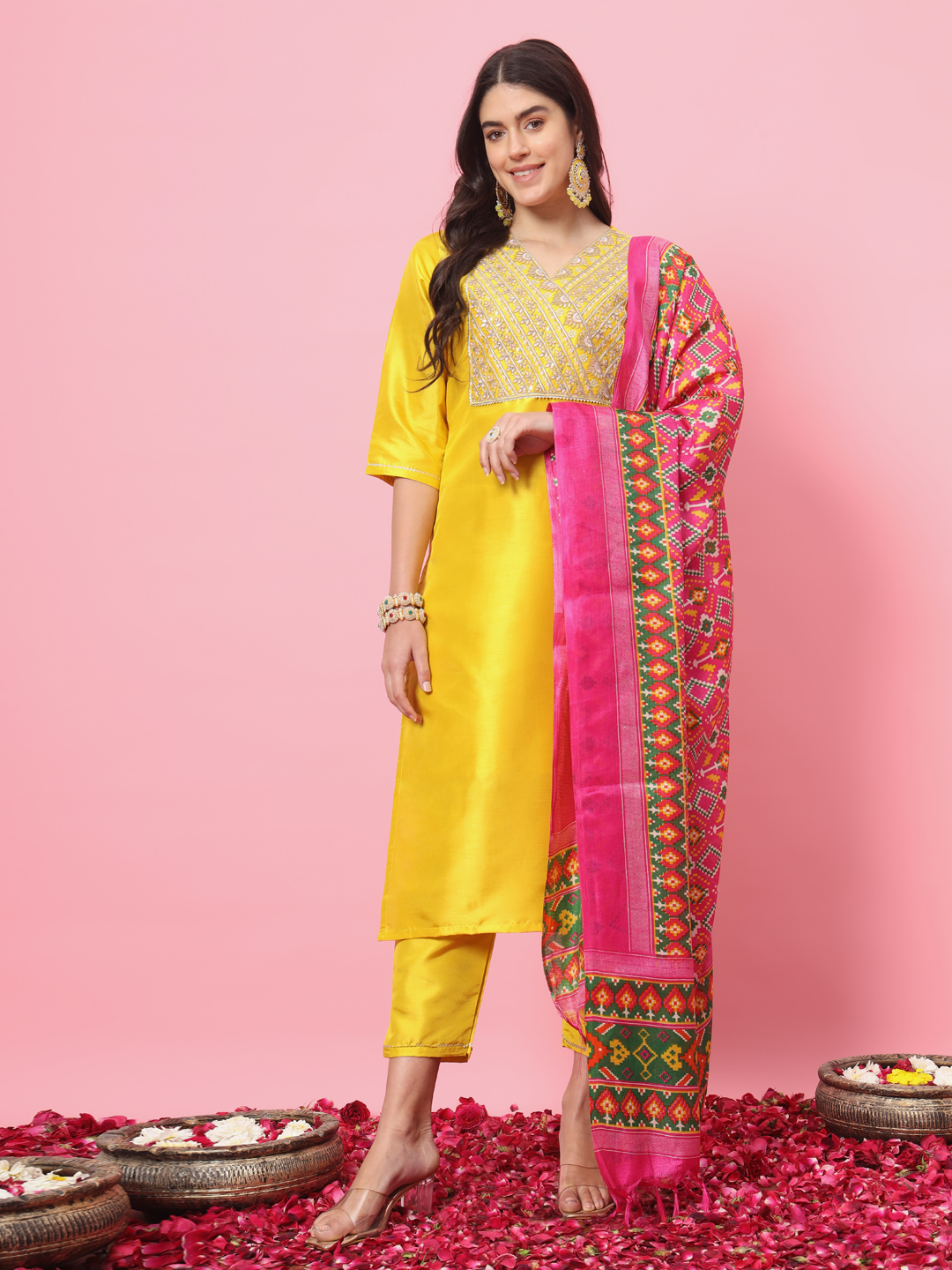 Yellow Embroidered Silk Blend Readymade Suit