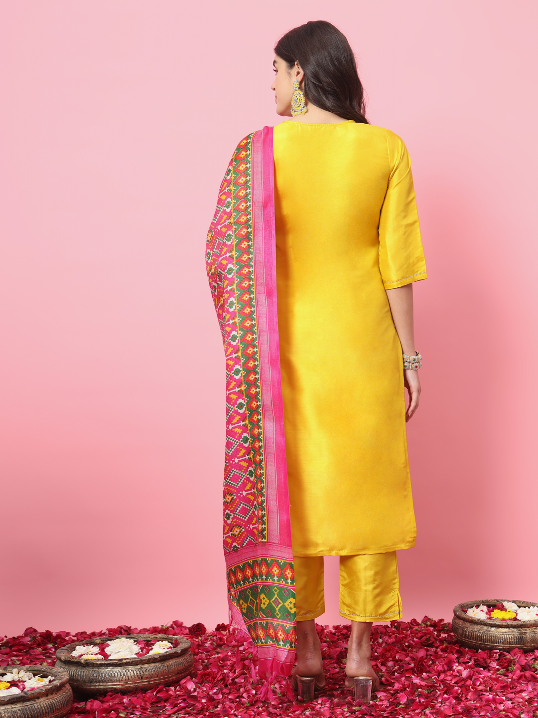 Yellow Embroidered Silk Blend Readymade Suit — alternate view