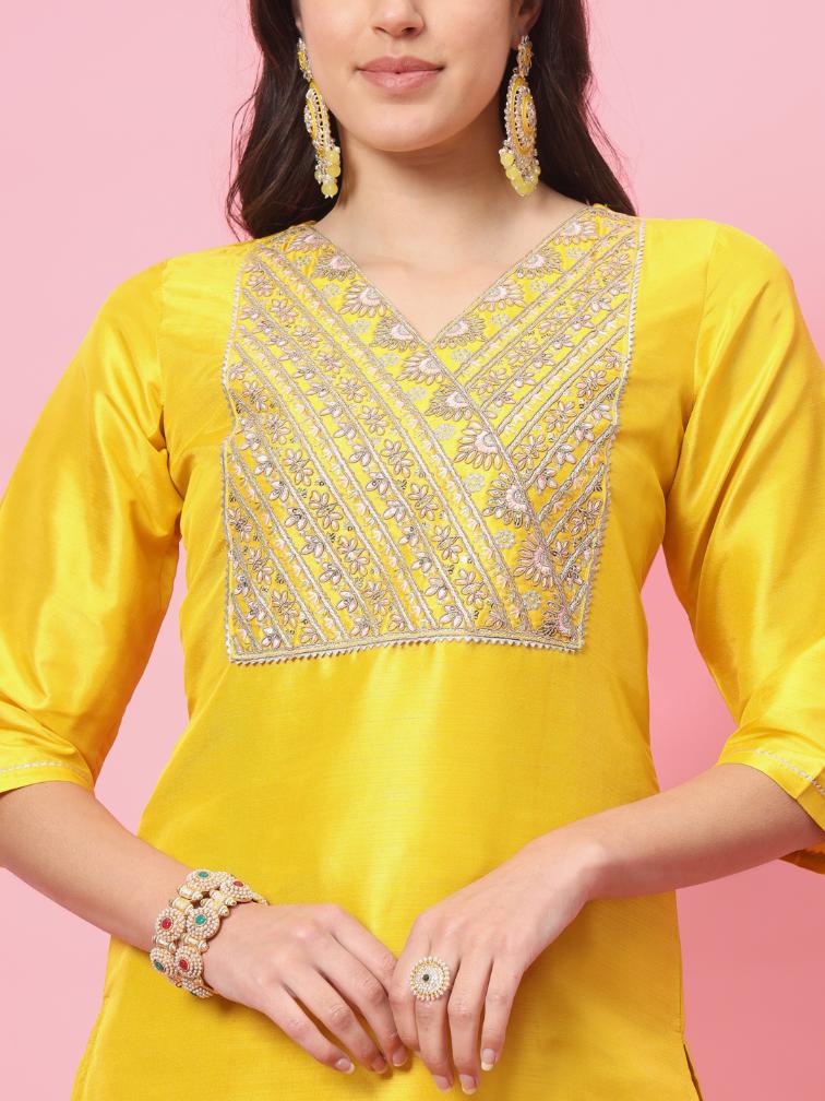 Yellow Embroidered Silk Blend Readymade Suit