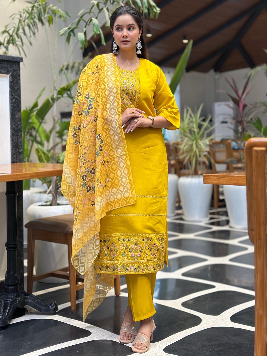 Yellow Embroidered Silk Blend Straight Suit
