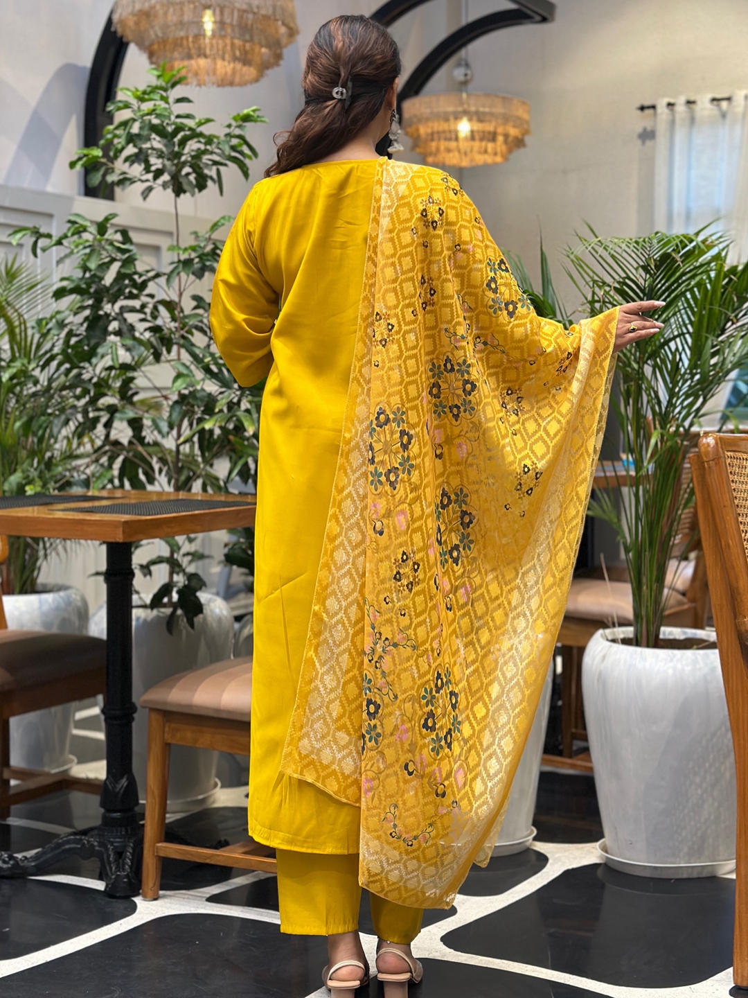 Yellow Embroidered Silk Blend Straight Suit — alternate view