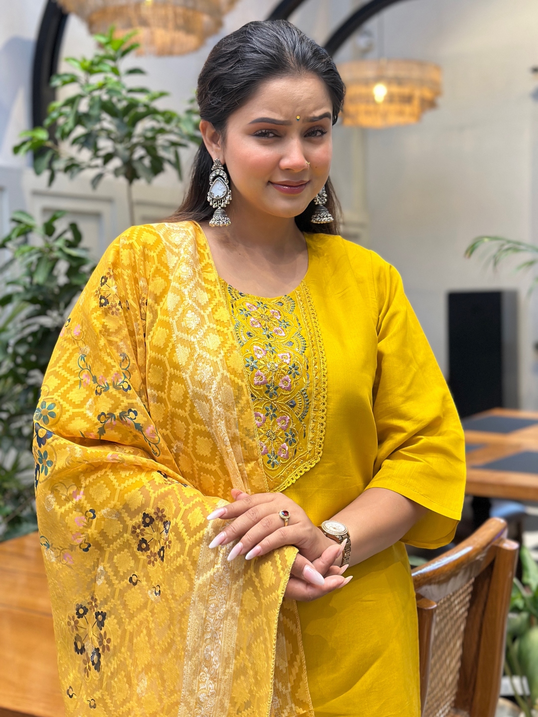 Yellow Embroidered Silk Blend Straight Suit