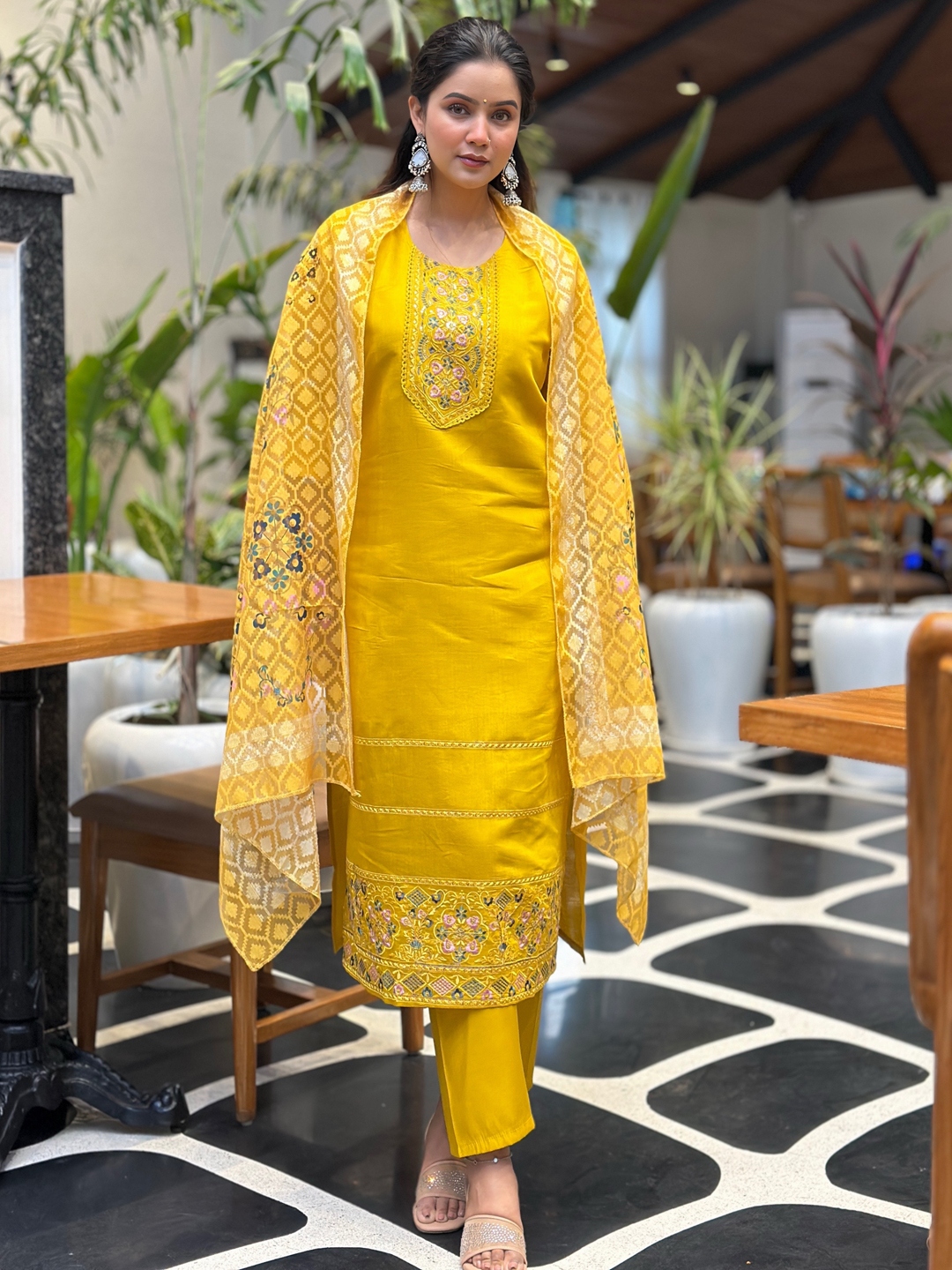 Yellow Embroidered Silk Blend Straight Suit
