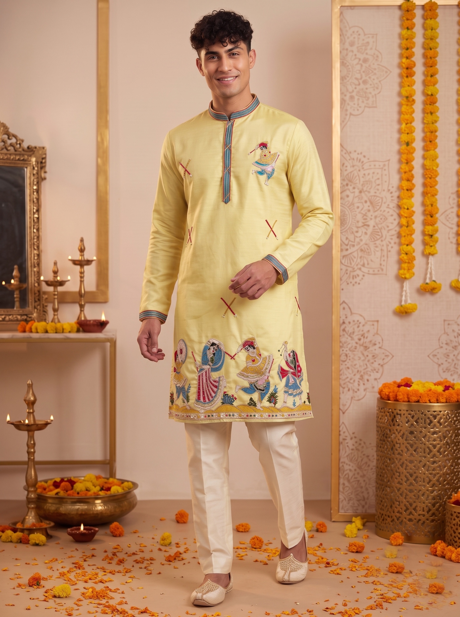 Yellow Embroidered Synthetic Silk Kurta Pyjama
