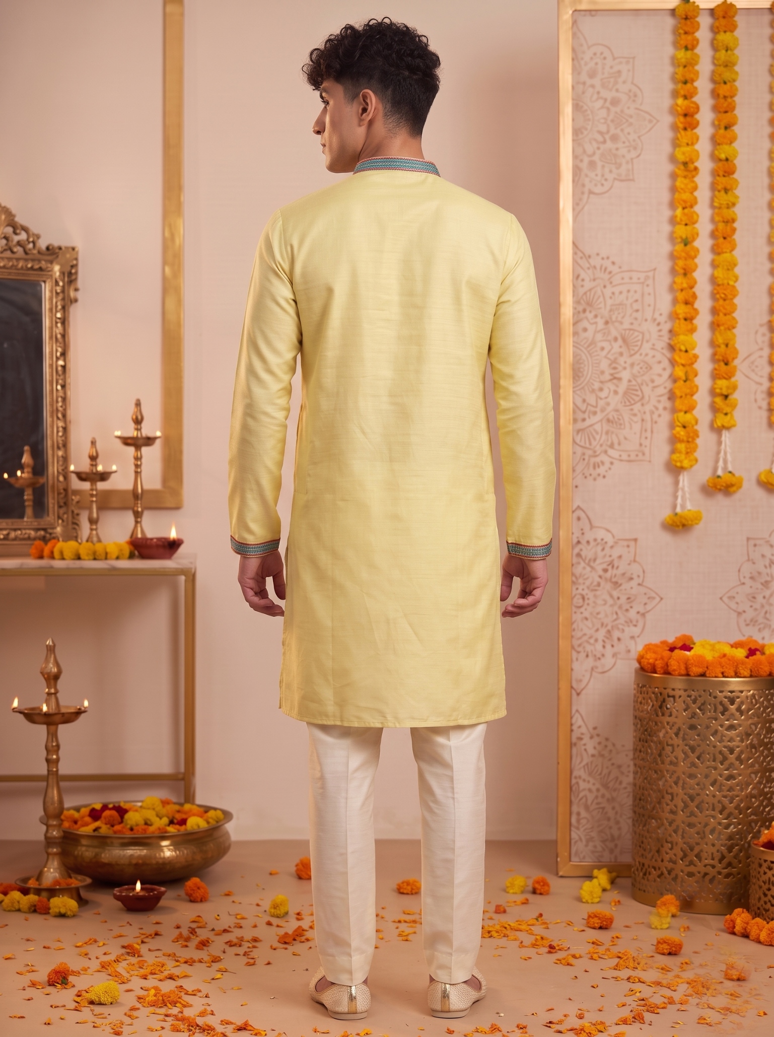 Yellow Embroidered Synthetic Silk Kurta Pyjama — alternate view