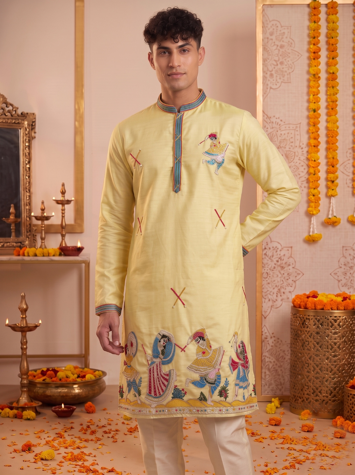 Yellow Embroidered Synthetic Silk Kurta Pyjama