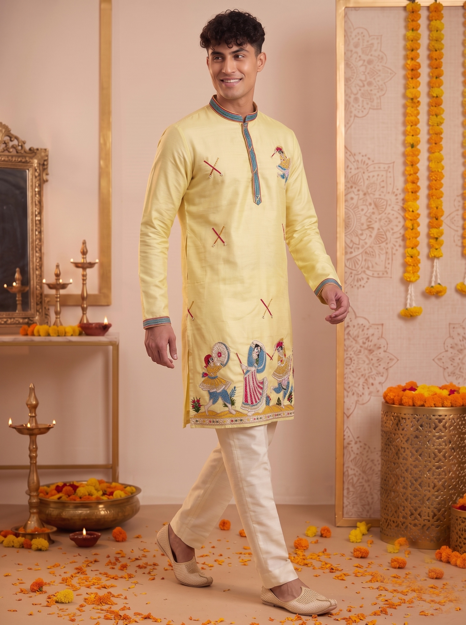 Yellow Embroidered Synthetic Silk Kurta Pyjama