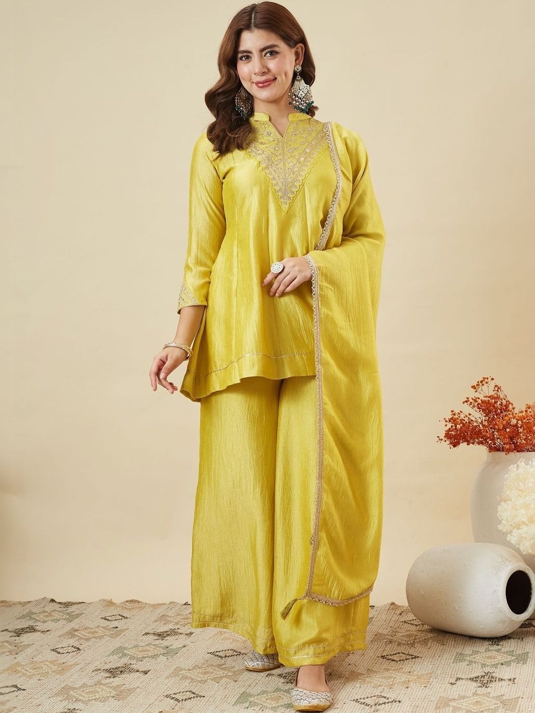 Yellow Embroidered Vichitra Silk Palazzo Suit