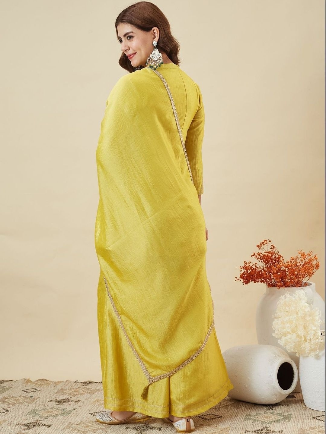 Yellow Embroidered Vichitra Silk Palazzo Suit — alternate view