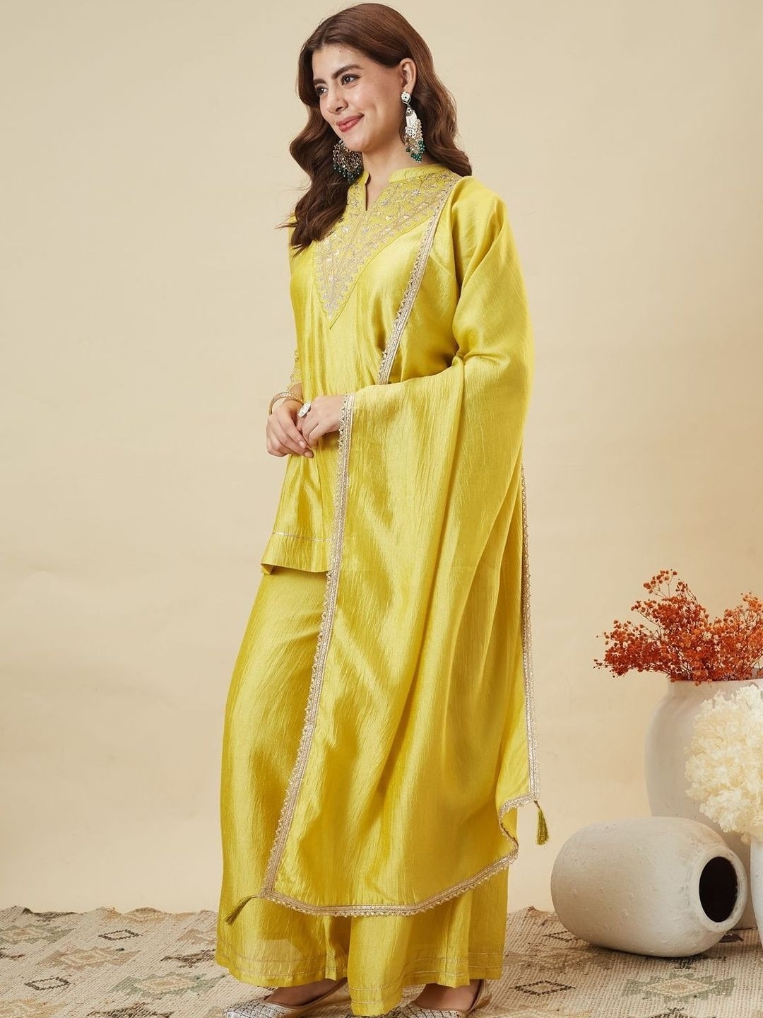 Yellow Embroidered Vichitra Silk Palazzo Suit