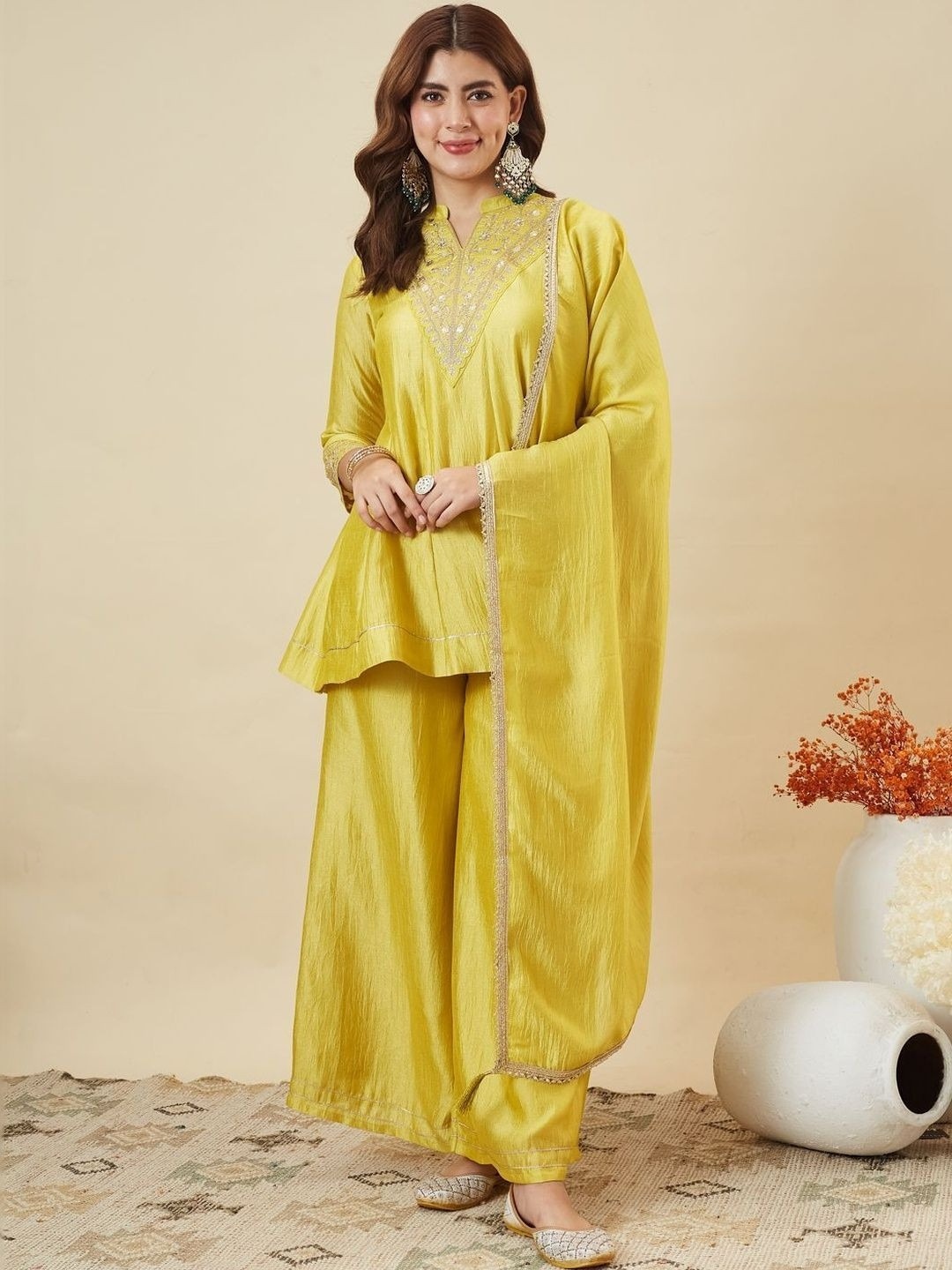 Yellow Embroidered Vichitra Silk Palazzo Suit