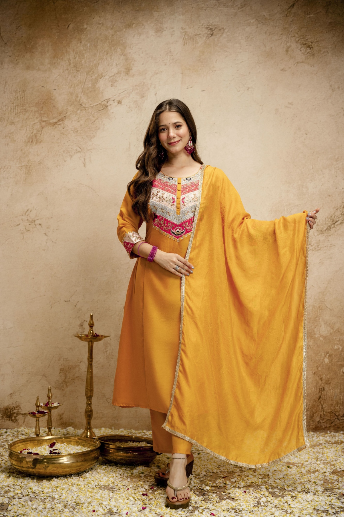 Yellow Embroidered Vichitra Silk Salwar Suit