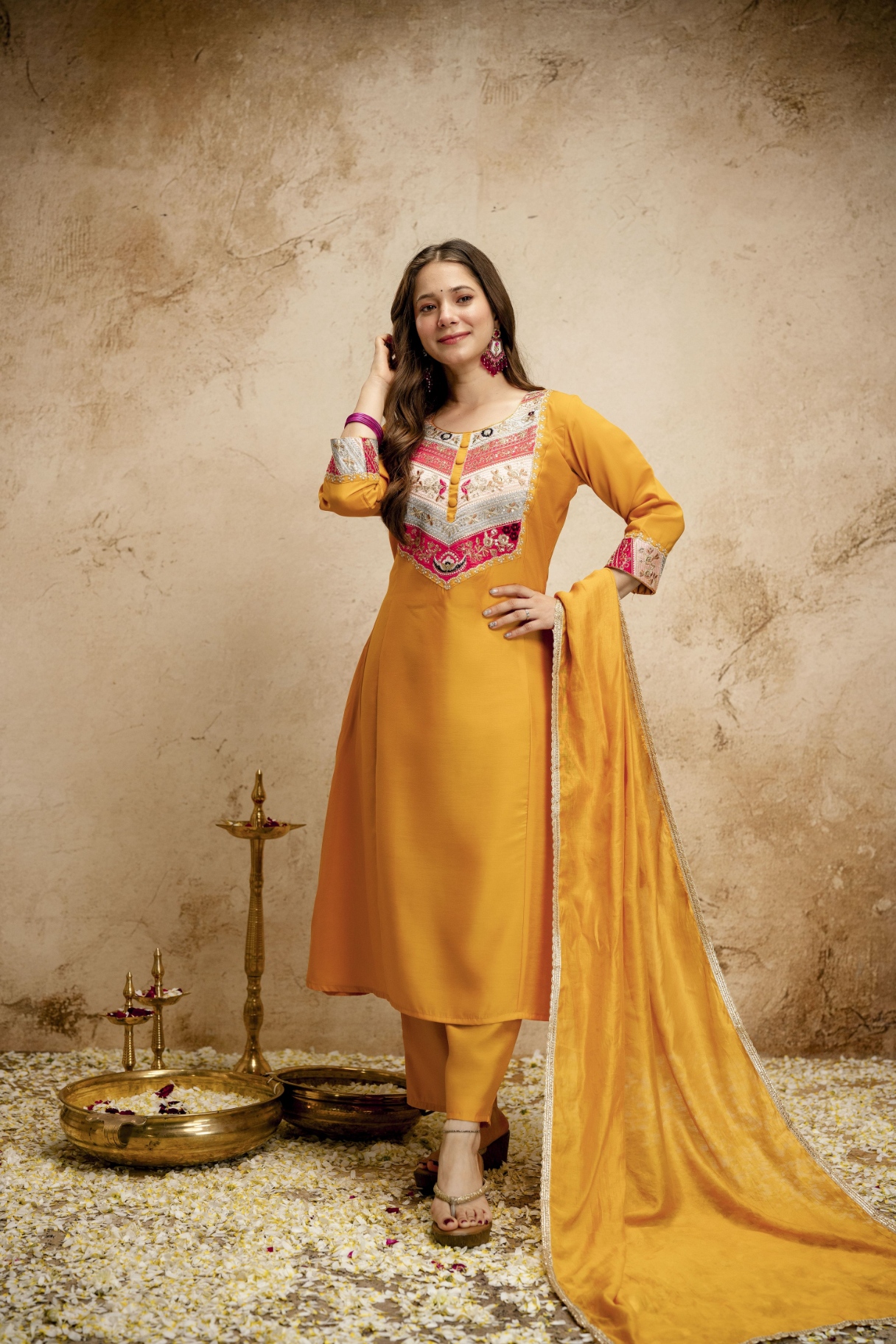 Yellow Embroidered Vichitra Silk Salwar Suit — alternate view