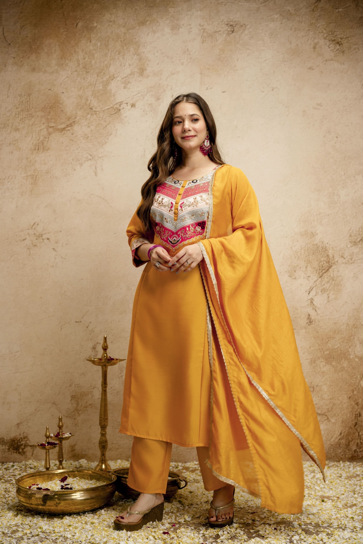 Yellow Embroidered Vichitra Silk Salwar Suit