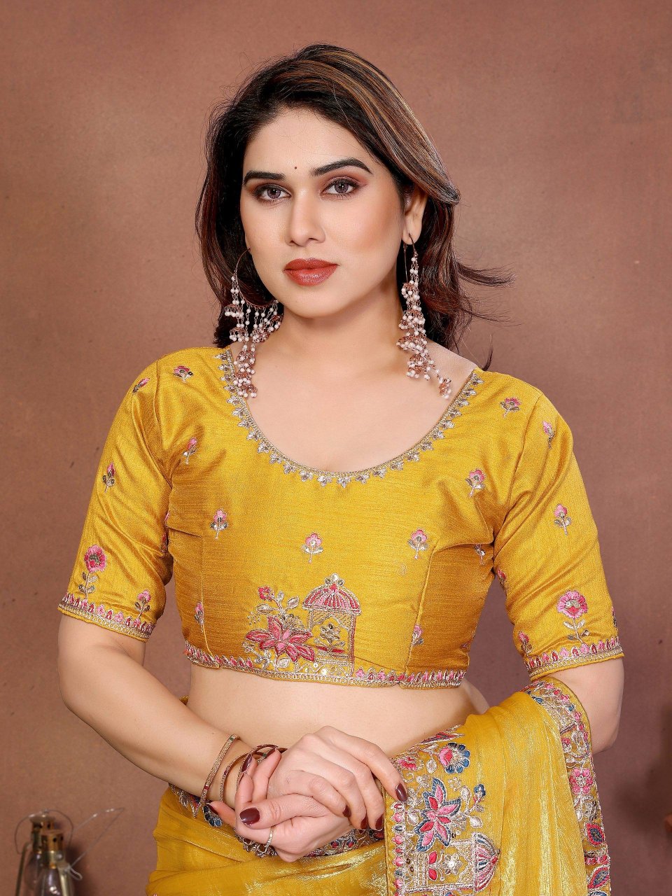 Yellow Embroidery Cutwork Fendy Chiffon Silk Festive Saree