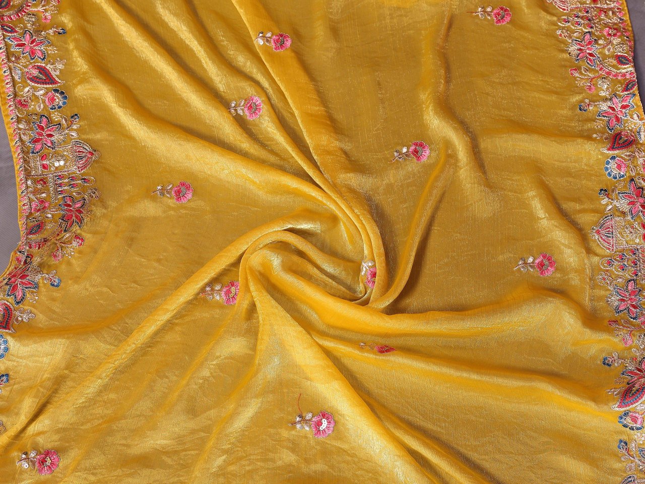 Yellow Embroidery Cutwork Fendy Chiffon Silk Festive Saree
