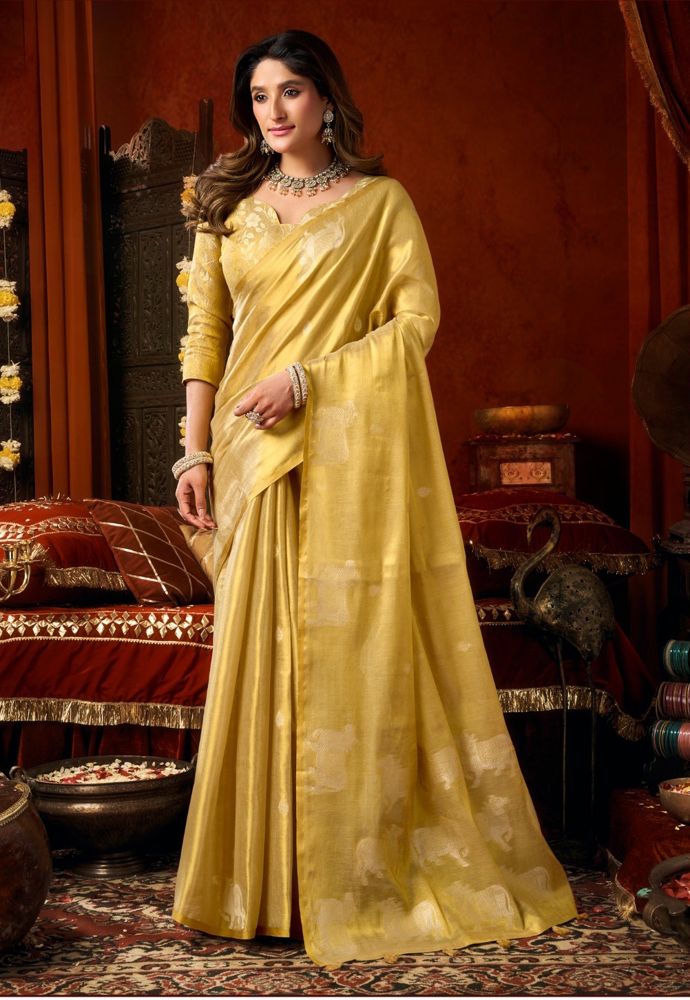 Yellow Ethnic Motif Cow Butta Heavy Tissue Silk Saree