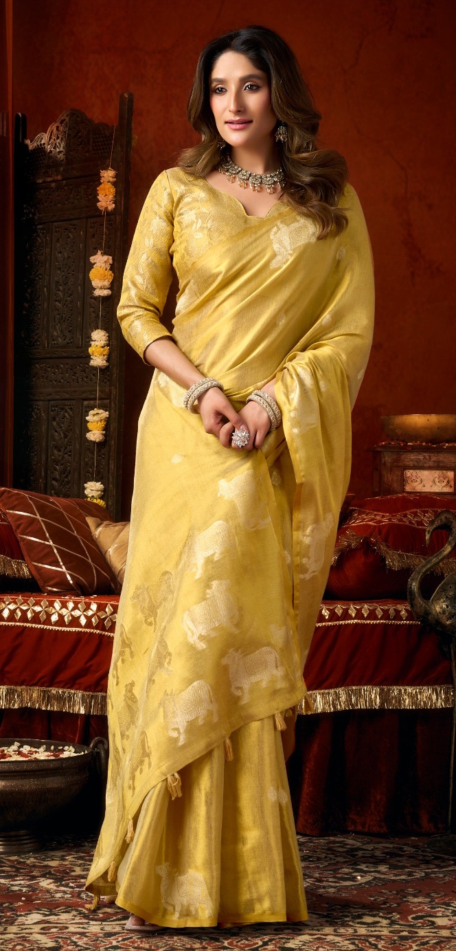 Yellow Ethnic Motif Cow Butta Heavy Tissue Silk Saree — alternate view