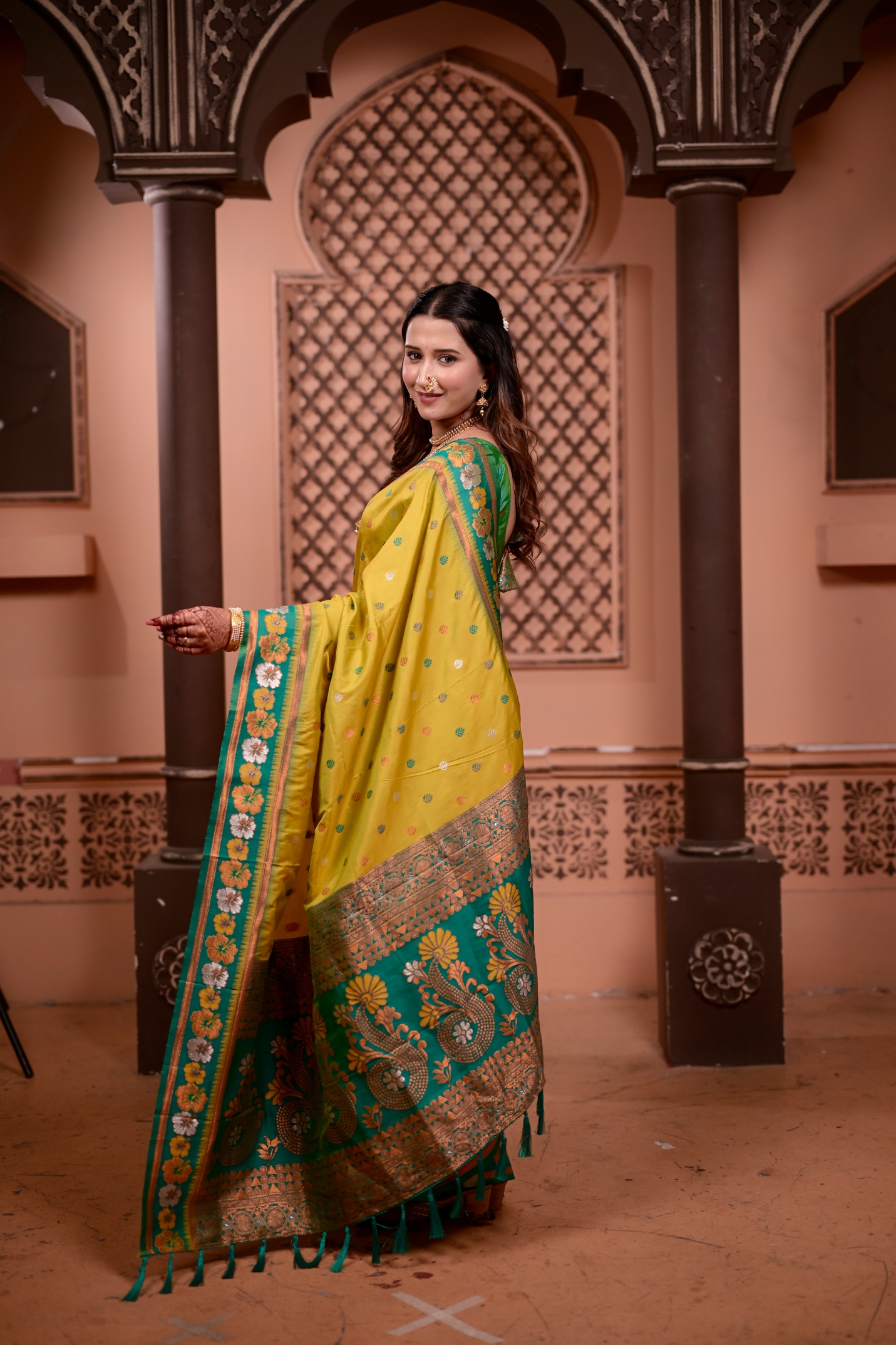 Yellow Ethnic Motif Zari Woven Soft Silk Saree — alternate view