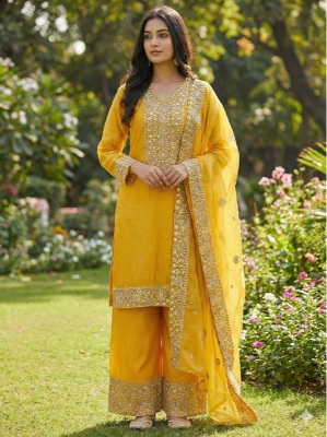 Yellow Festive Embroidered Pure Fendy Silk Palazzo Suit