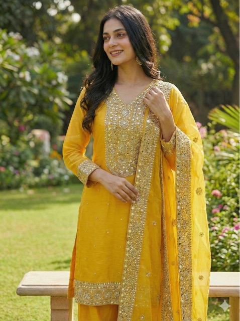 Yellow Festive Embroidered Pure Fendy Silk Palazzo Suit — alternate view