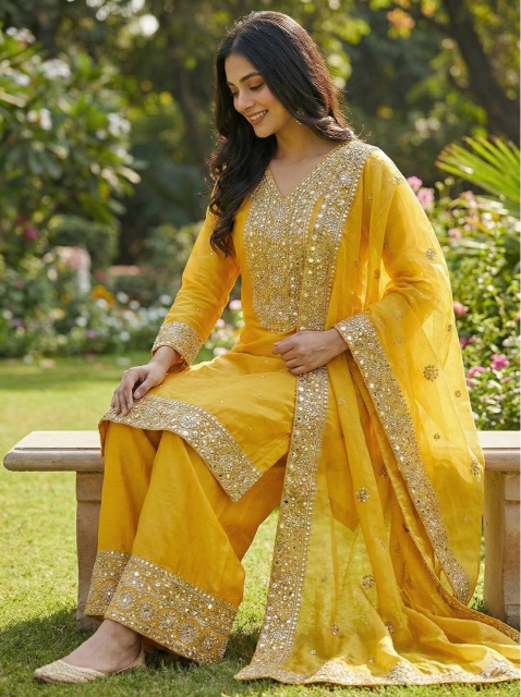 Yellow Festive Embroidered Pure Fendy Silk Palazzo Suit